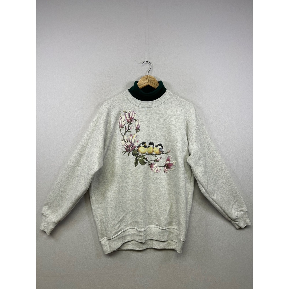 Cottagecore Nature Gloria Womens XL Gray Chickadee Bird Mock Neck Sweatshirt